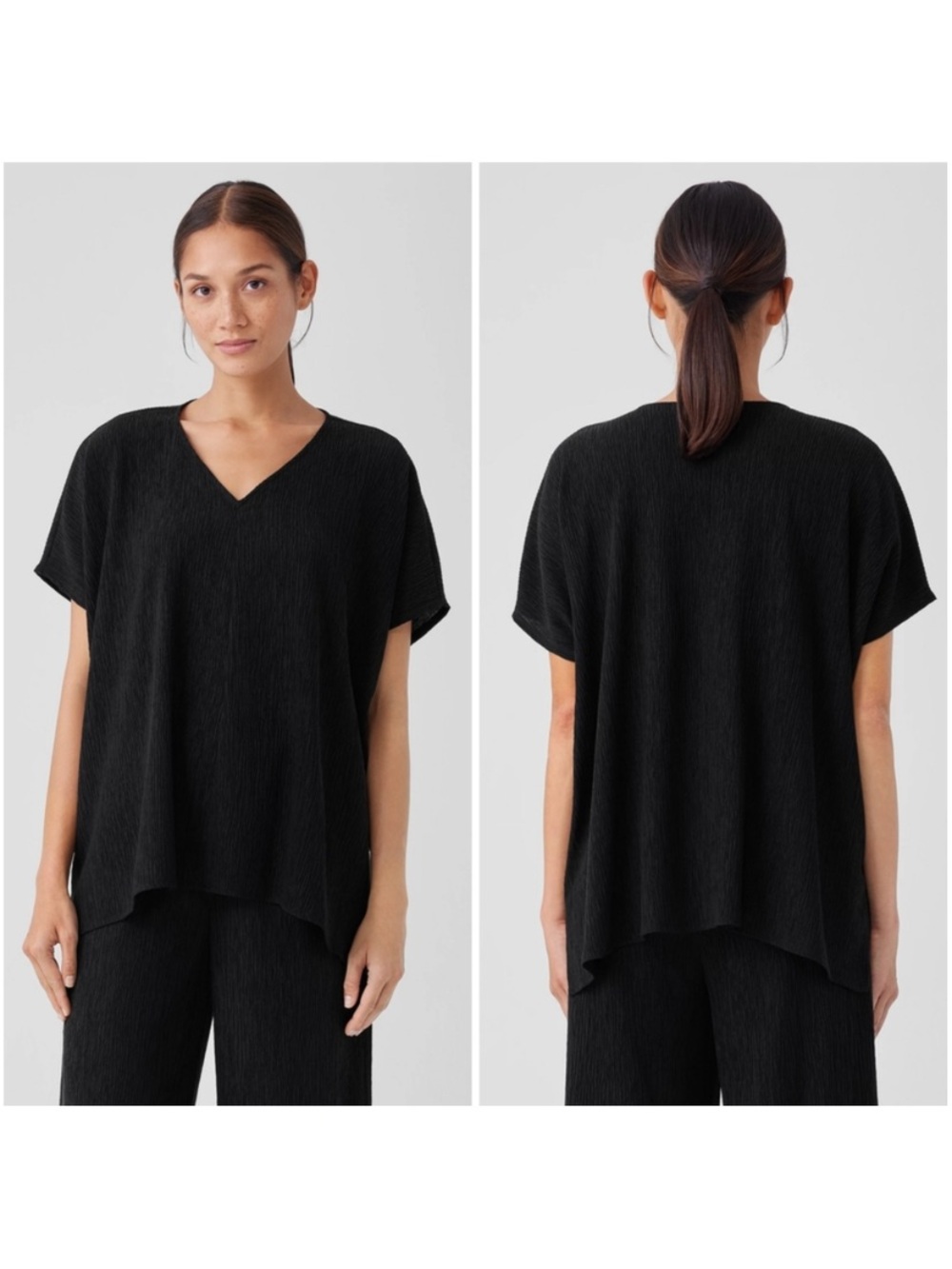 Eileen Fisher Woven Plisse V-Neck Short Sleeve Boxy Tunic Top Women Small Black